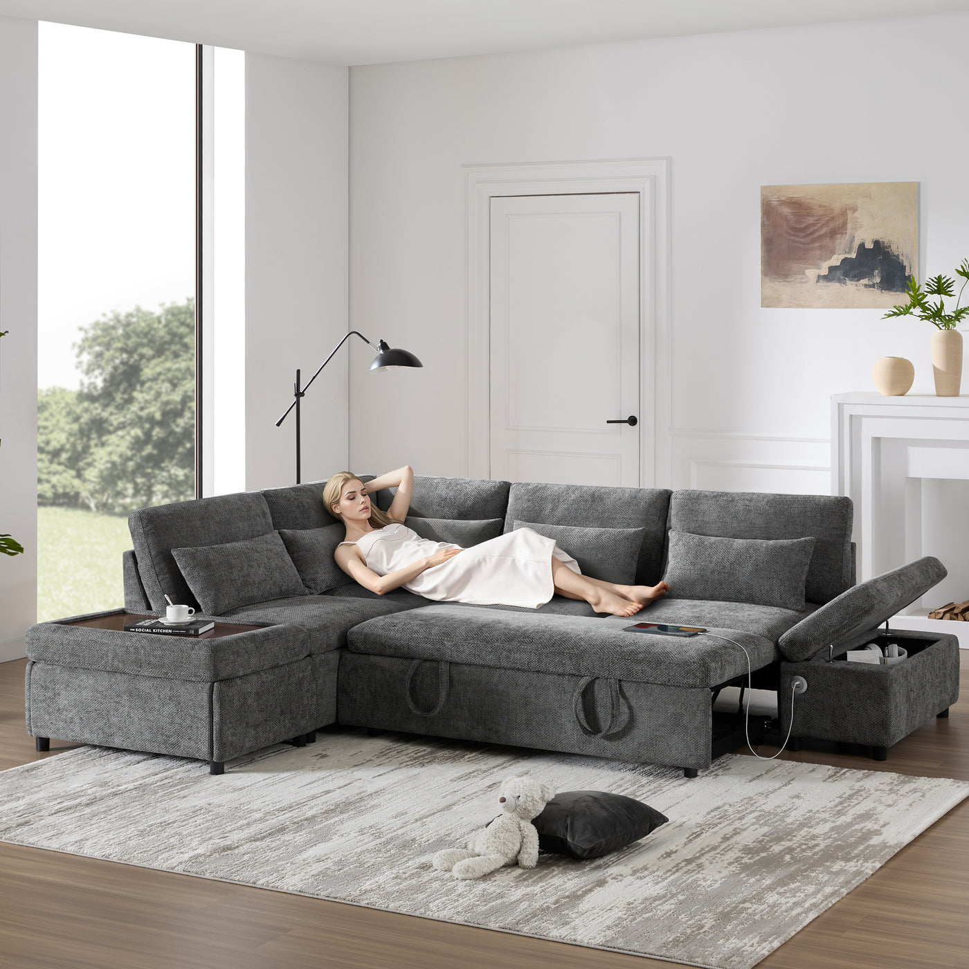 Sofa Bed L-Shape Chenille Gray 6 Seat Pull-Out USB Ports 107 In