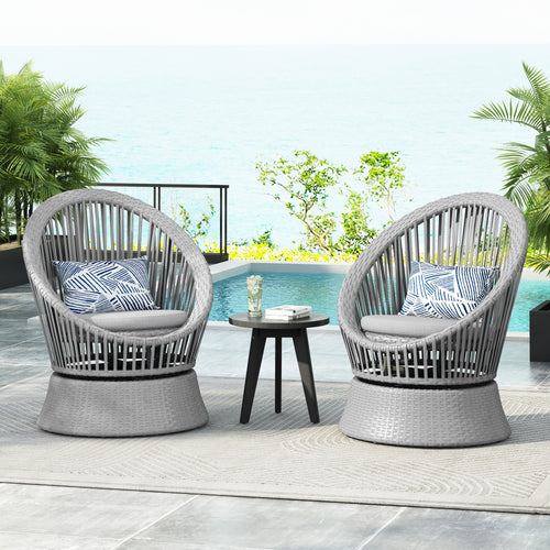 Modern Silver Grey Swivel Wicker Lounge Chair Set with PE Rattan and Iron
