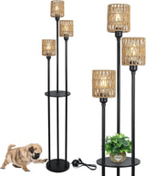 3-Light Boho Floor Lamp with Shelves, Rattan Shades, Foot Switch