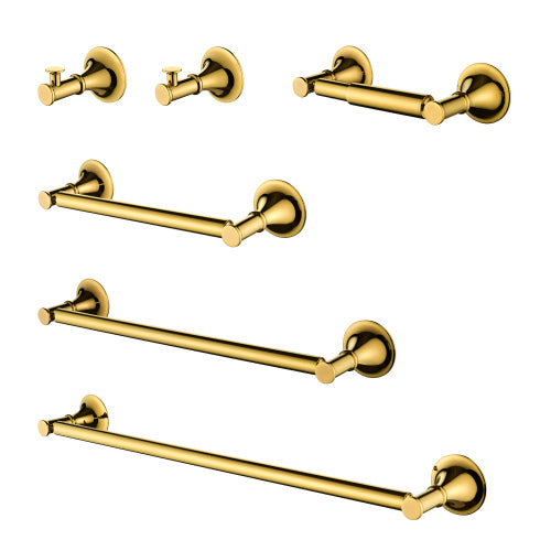 Bathroom Hardware Set - 6 Piece - Brass - Wall Mount Towel Rack