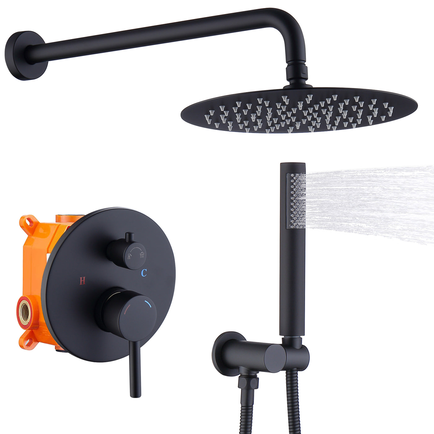Matte Black Wall Mount Rainfall Shower System with Handheld