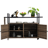 Outdoor Wicker Bar Cart, Patio Wine Serving Cart w/Wheels