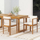 Outdoor Dining Chair Set of 2 with Curved Acacia Wood Arms, Teak Finish and Cream Cushions