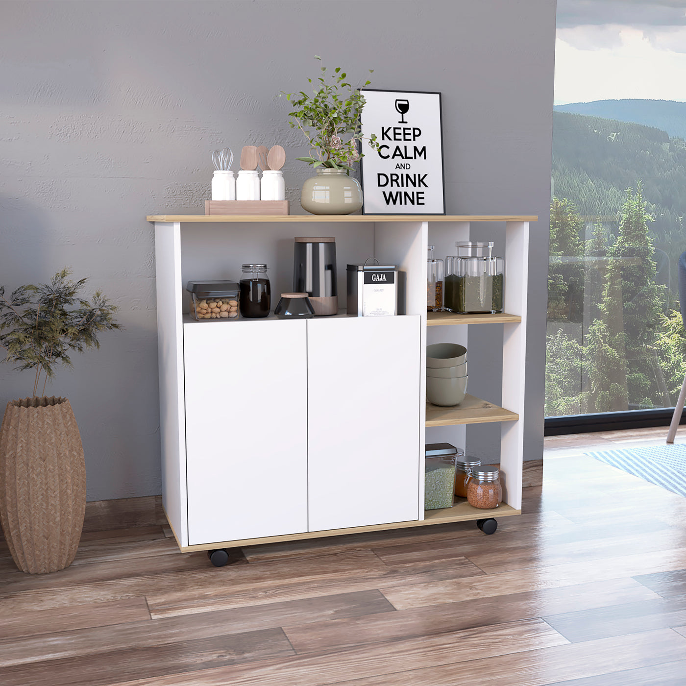Paprika Kitchen Cart 4 Shelves Double Door Cabinet Light Oak White