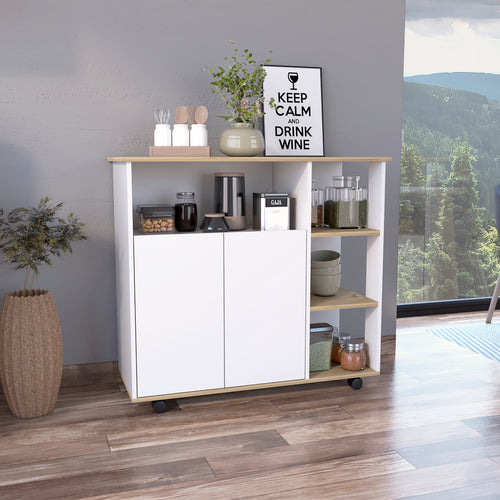 Paprika Kitchen Cart 4 Shelves Double Door Cabinet Light Oak White