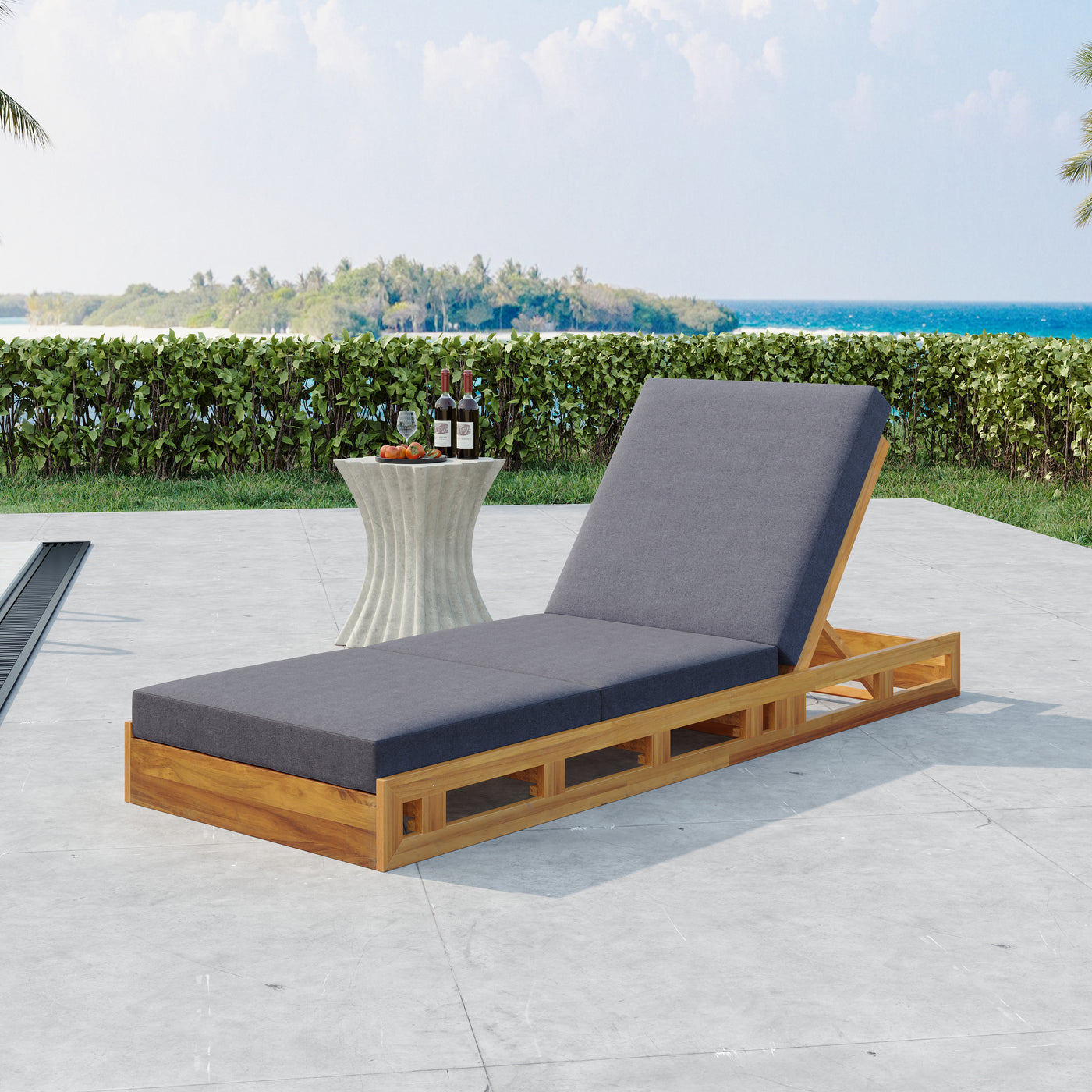 Acacia Wood Chaise Lounge with Dark Grey Cushion