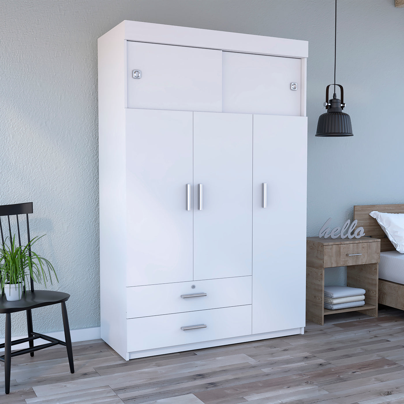 White Three Door Armoire Cabinet with Drawers and Shelves