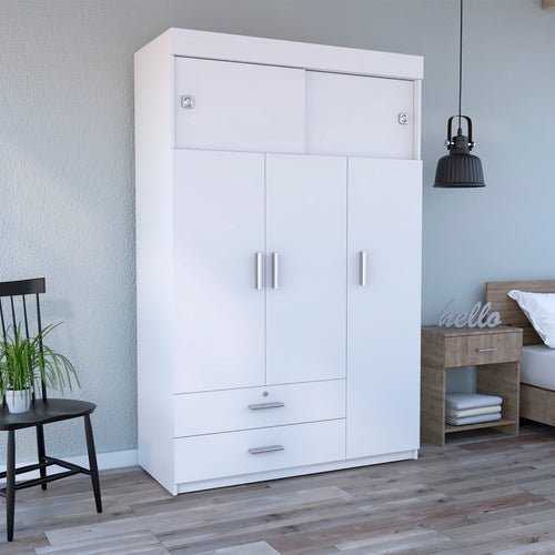 White Three Door Armoire Cabinet with Drawers and Shelves