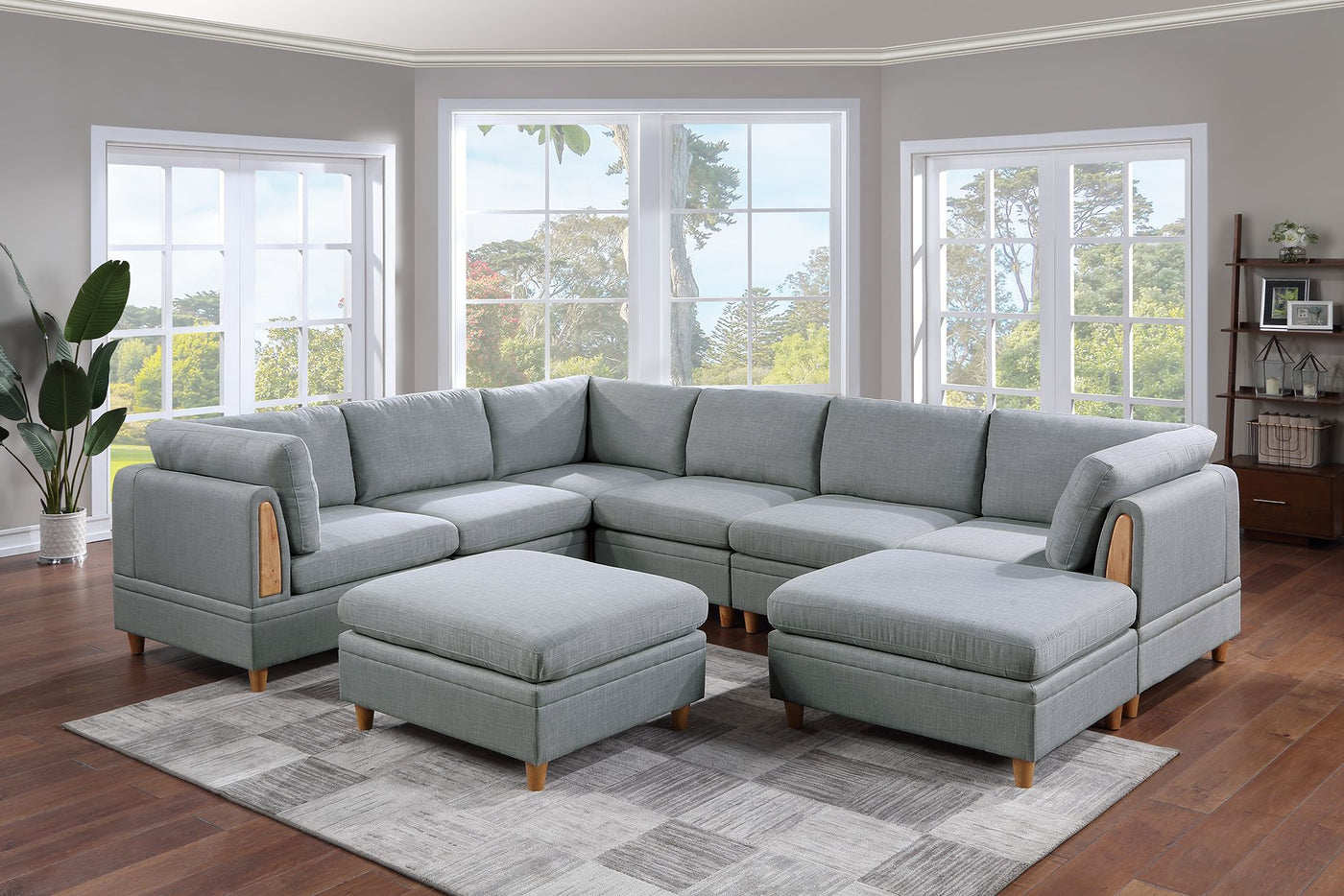 8pc Light Grey Sectional Sofa Set with Wedges Armless Chairs Ottomans