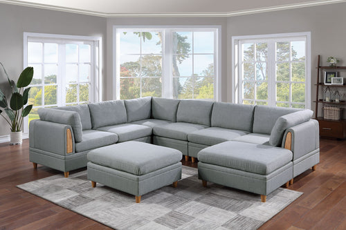 8pc Light Grey Sectional Sofa Set with Wedges Armless Chairs Ottomans