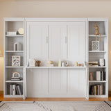 White Queen Size Murphy Bed with Desk and Bookshelf, Pine Wood + MDF, 116.9''L x 84.6''W x 86.8''H
