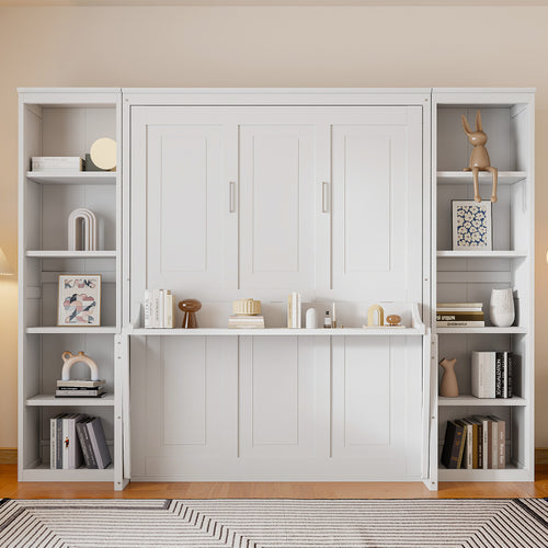 White Queen Size Murphy Bed with Desk and Bookshelf, Pine Wood + MDF, 116.9''L x 84.6''W x 86.8''H