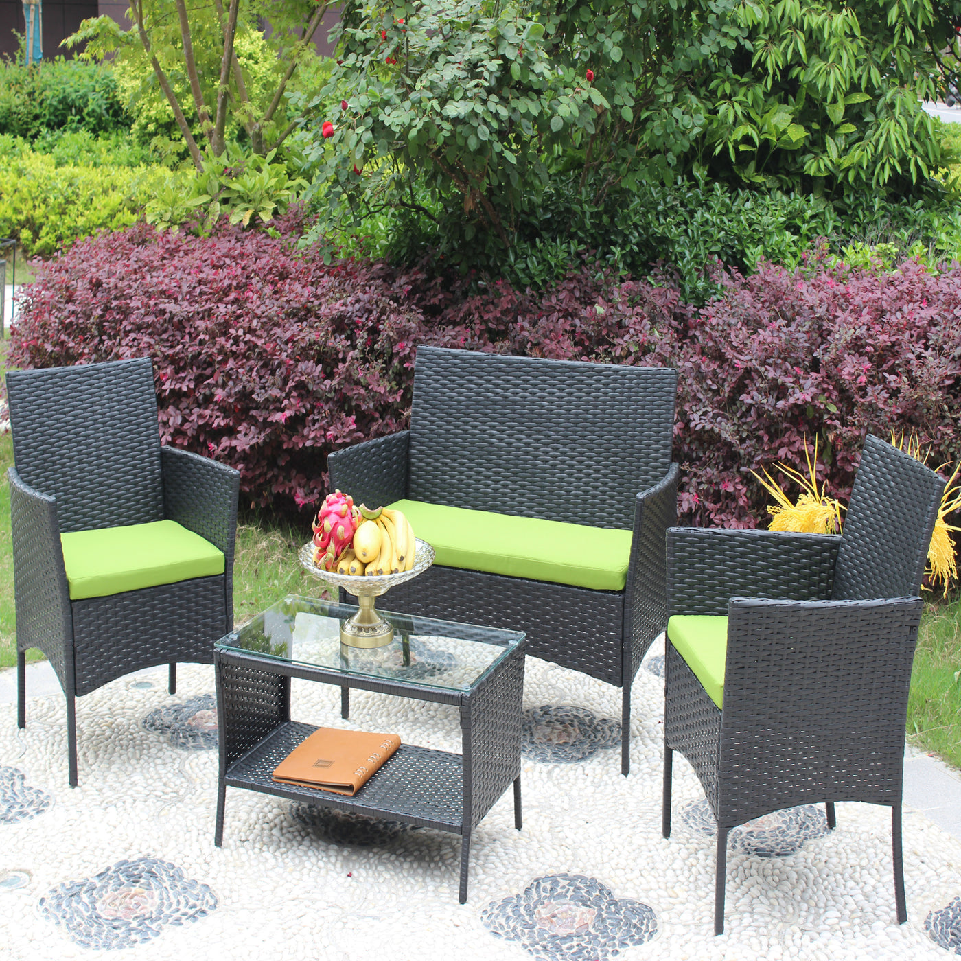 4 PC Rattan Wicker Patio Furniture Set with Green Cushions