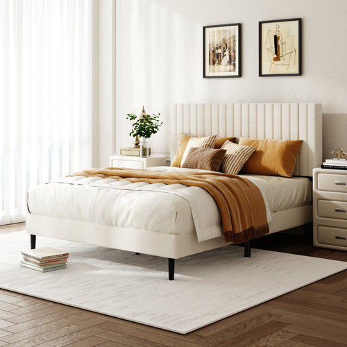 Queen Size Velvet Upholstered Platform Bed Frame, Beige
