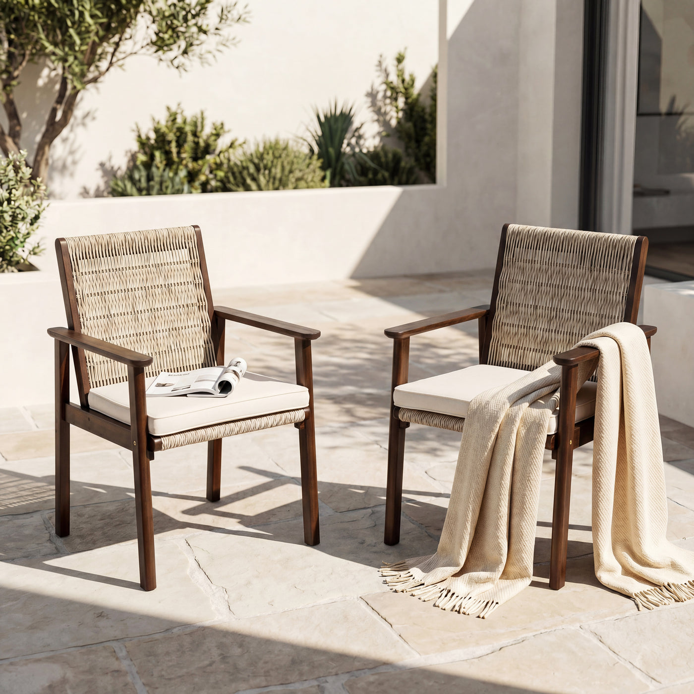 Acacia Wood Wicker Patio Chairs Set of 2 Dark Brown