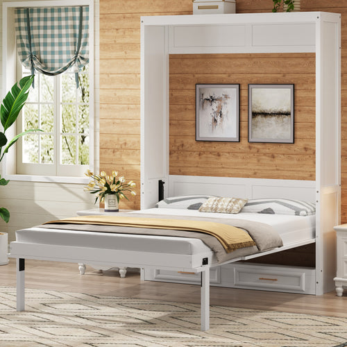 Beige Full Size Murphy Bed with 2 Drawers, Solid Pine Wood + MDF, 80.5''L x 61.5''W x 89''H