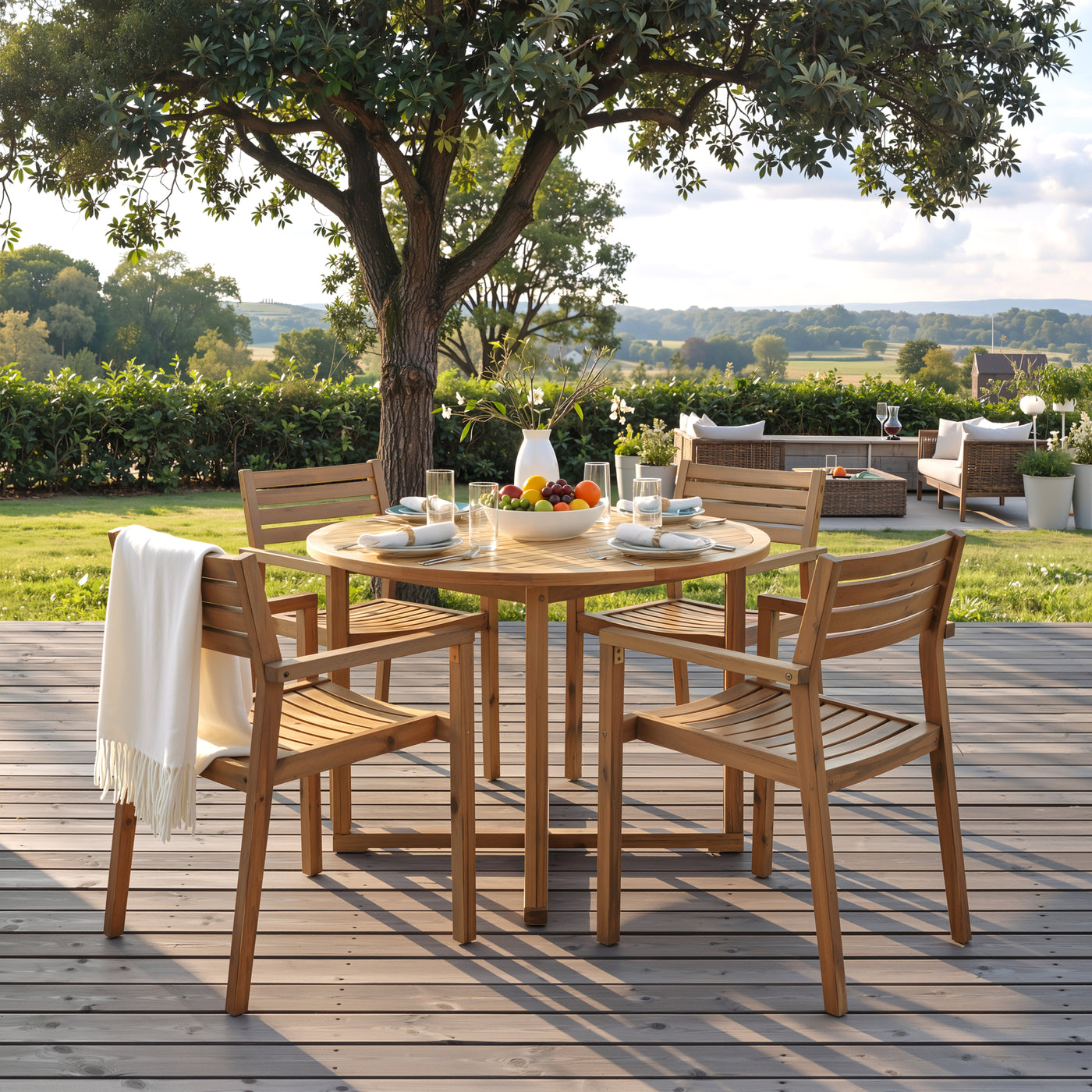 5-Piece Outdoor Dining Set Round Table 4 Acacia Wood Chairs