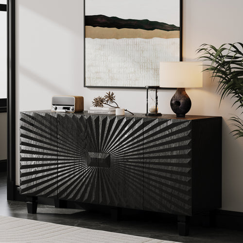 59" Modern Sideboard Credenza with 4 Sunburst Doors Black