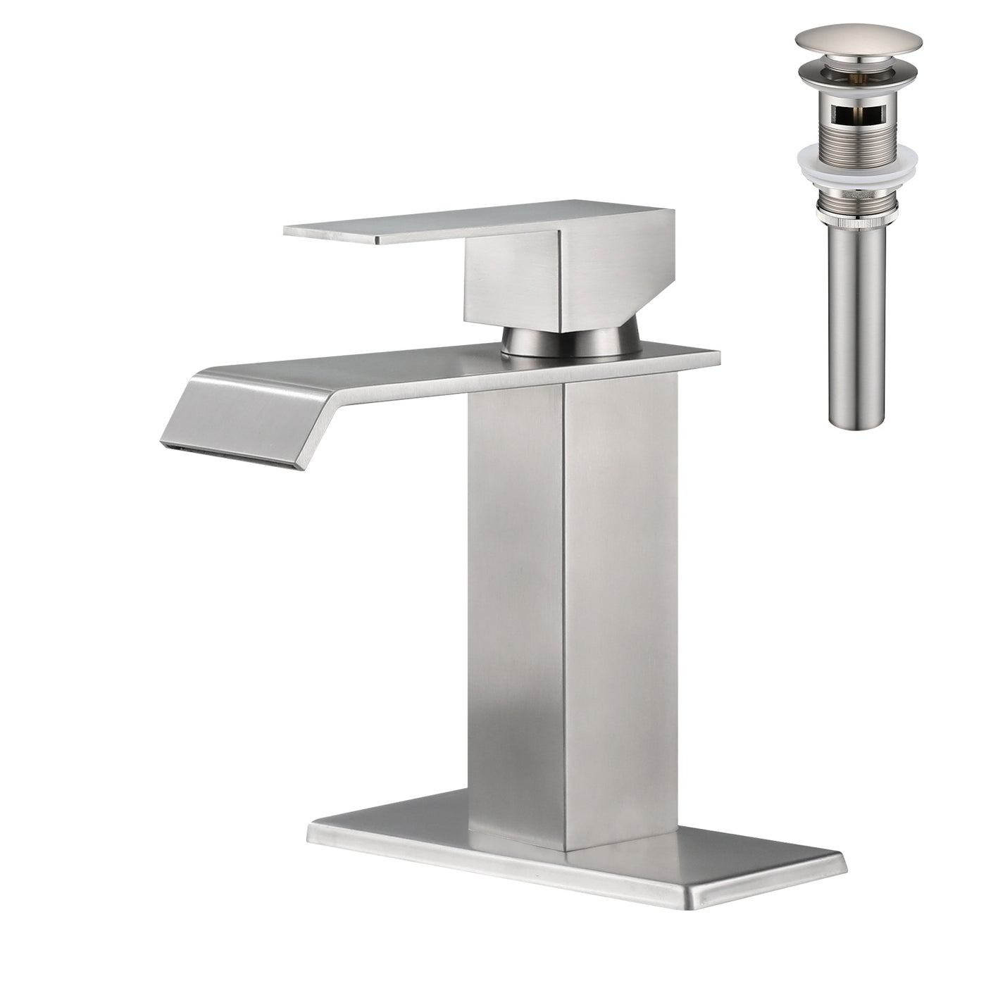Waterfall Spout Single Handle Bathroom Sink Faucet with Pop-Up Drain