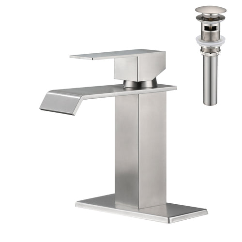 Waterfall Spout Single Handle Bathroom Sink Faucet with Pop-Up Drain