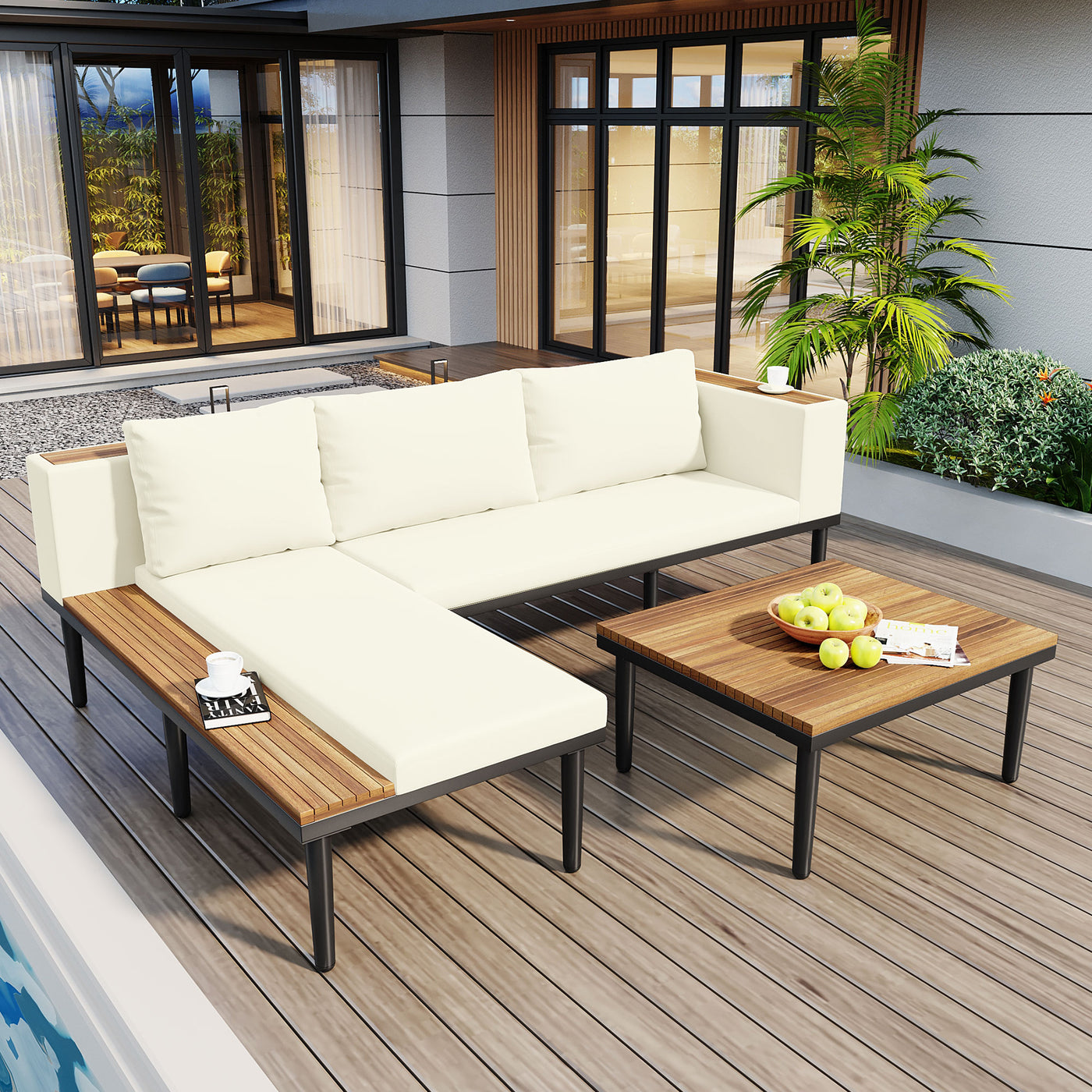 Outdoor Patio Set Acacia Wood Iron Beige L-Shape Seats 6 396 LB