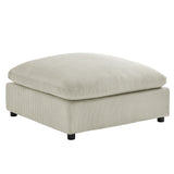 Beige Corduroy Ottoman with Wood Legs and Plush Cushion