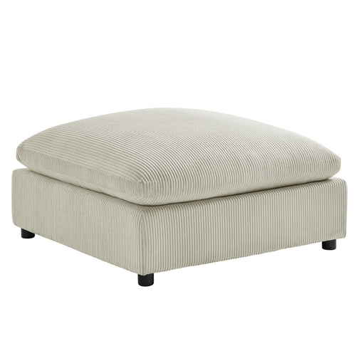 Beige Corduroy Ottoman with Wood Legs and Plush Cushion
