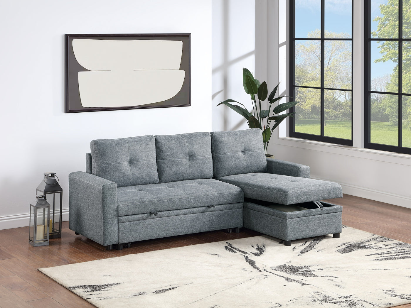Black Gray Polyfiber Convertible Sectional Sofa Bed Storage Chaise