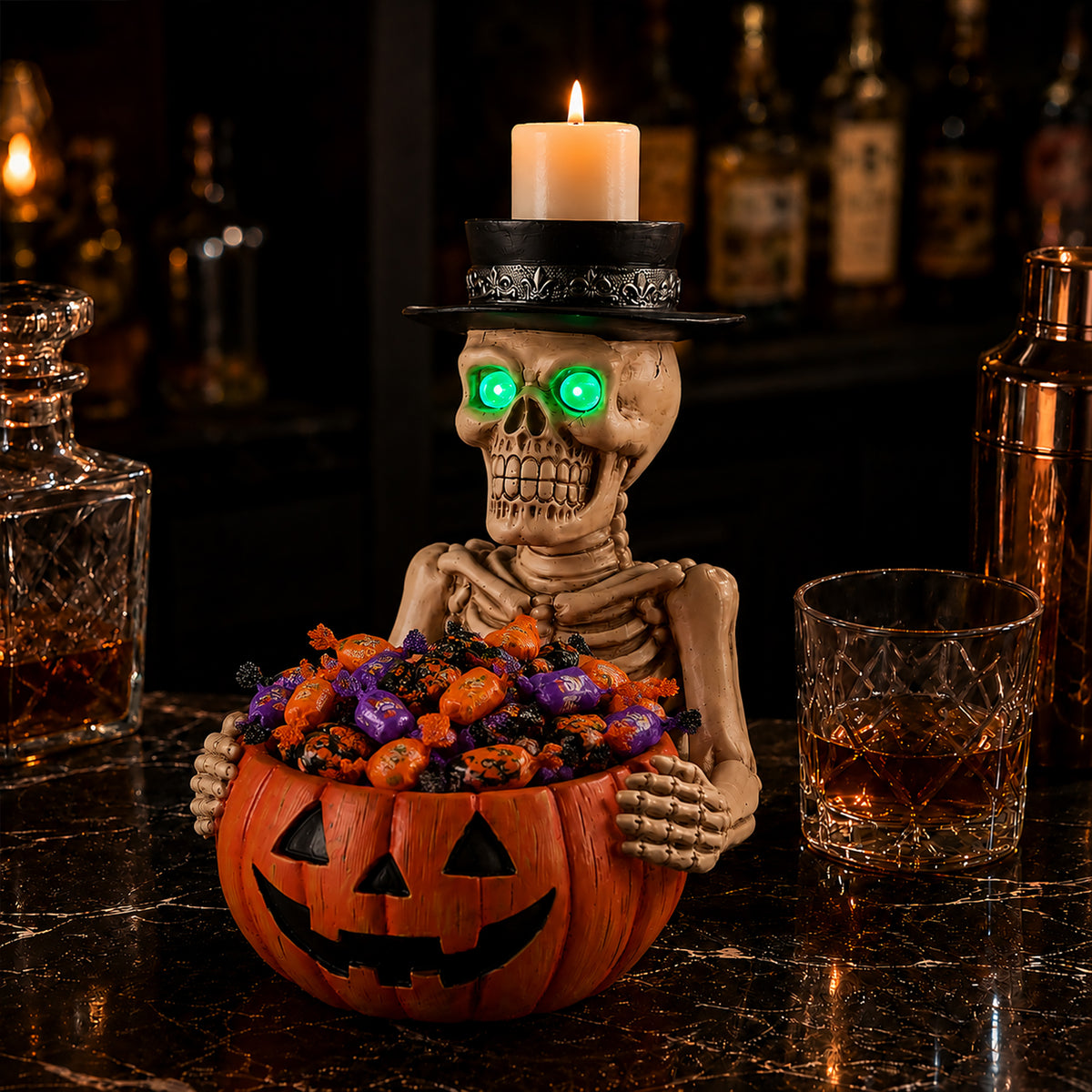 Halloween Skeleton Figurine with Pumpkin Candy Bowl & Candle Holder, Spooky Tabl