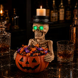 Halloween Skeleton Figurine with Pumpkin Candy Bowl & Candle Holder, Spooky Tabl