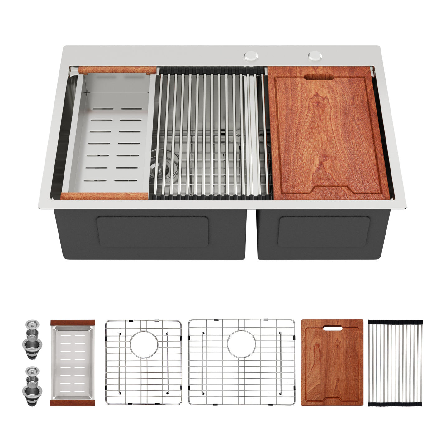 Brushed Nickel Stainless Steel Double Bowl Drop-In Kitchen Sink 33x22