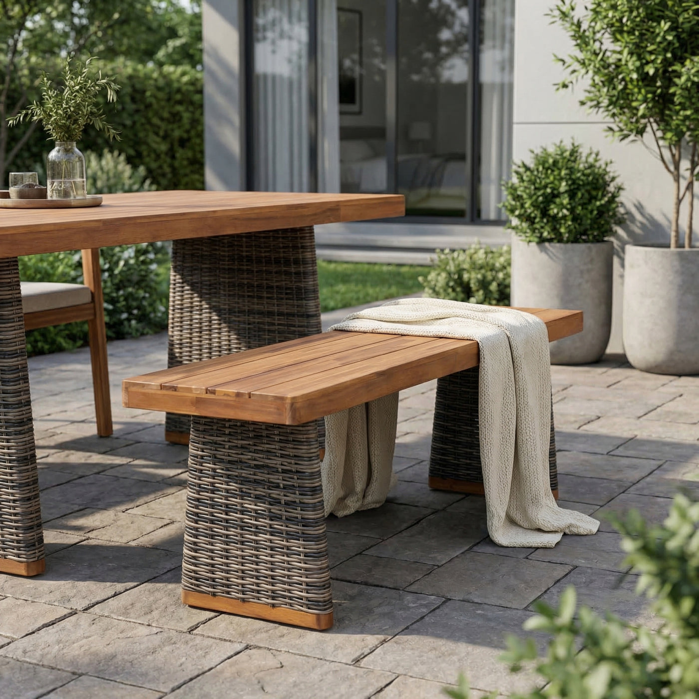 Acacia Wood Outdoor Bench Teak Finish Grey Wicker