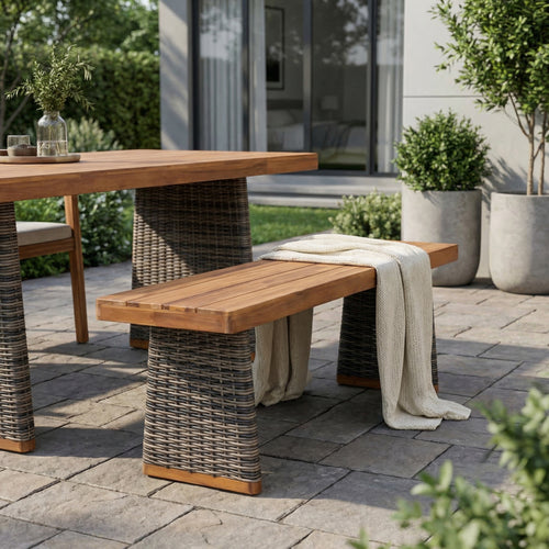 Acacia Wood Outdoor Bench Teak Finish Grey Wicker