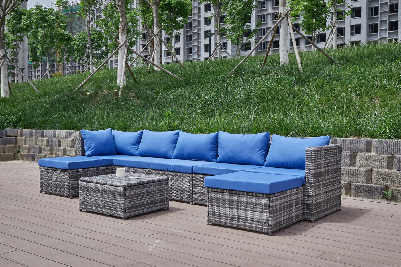 Outdoor Patio Sofa Set PE Rattan Blue Gray All Weather Steel Frame
