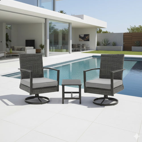 Outdoor Bistro Set Rattan Swivel Rocker Gray 3 Piece with Side Table