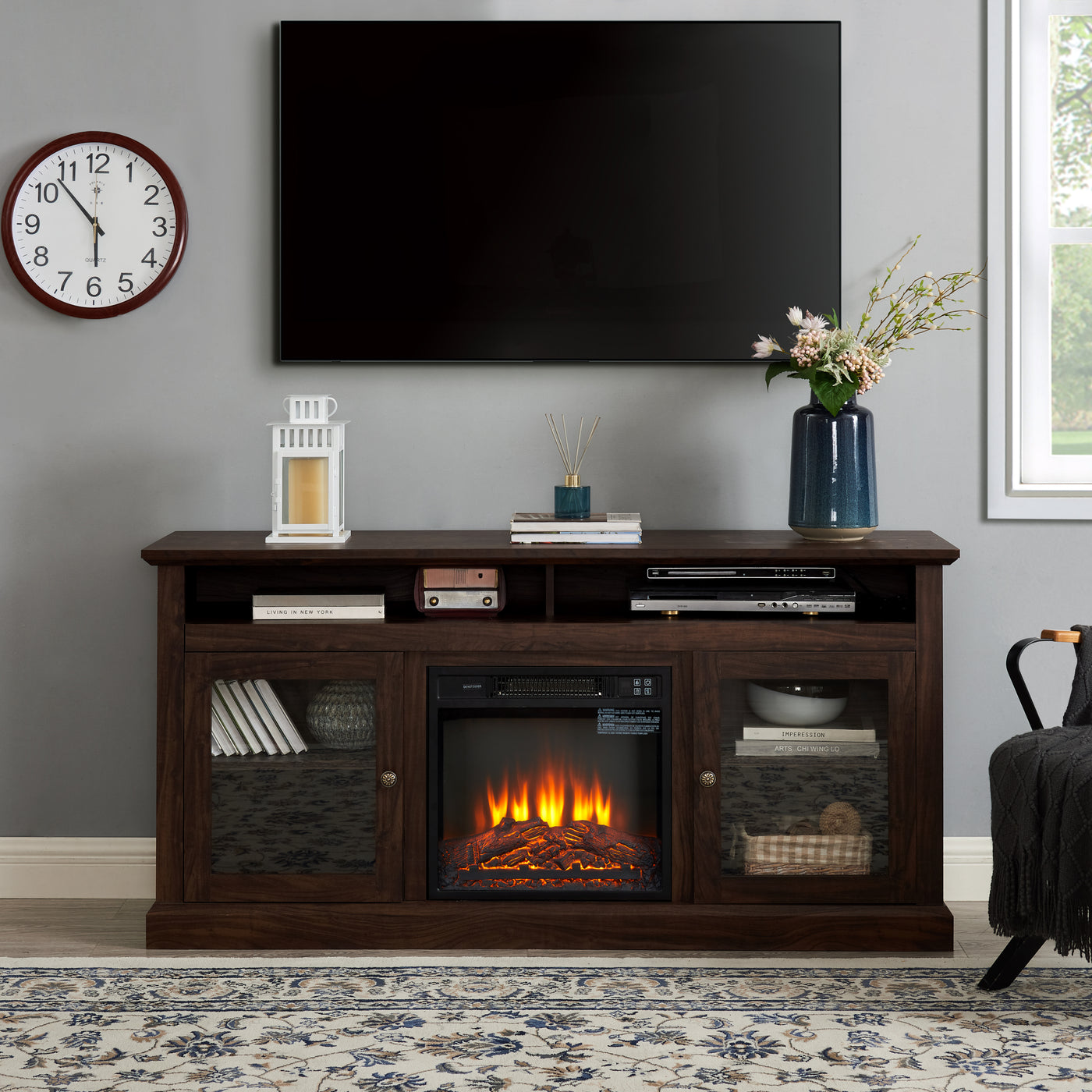TV Stand Fireplace American Traditional Brown MDF 1400W Fits 65 In TV 60 In