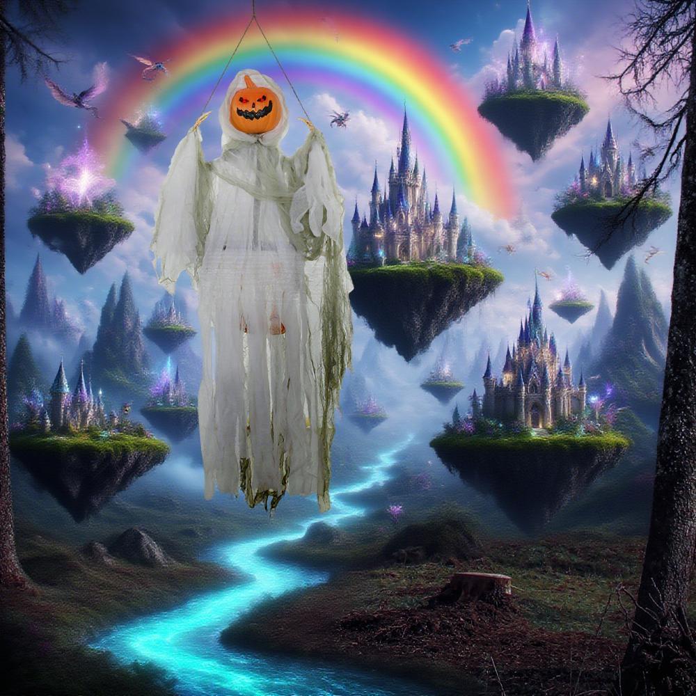 Outdoor Halloween Hanging Pumpkin Ghost w/ Light Up Eyes, Sound Activated Prop w
