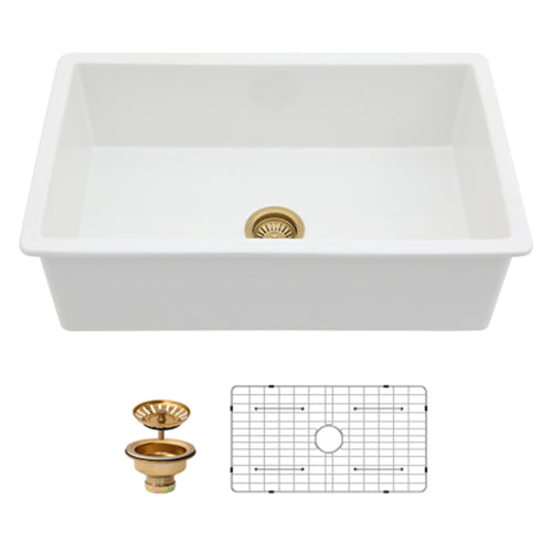 White Porcelain Fireclay Single Bowl Kitchen Sink 30x18x10
