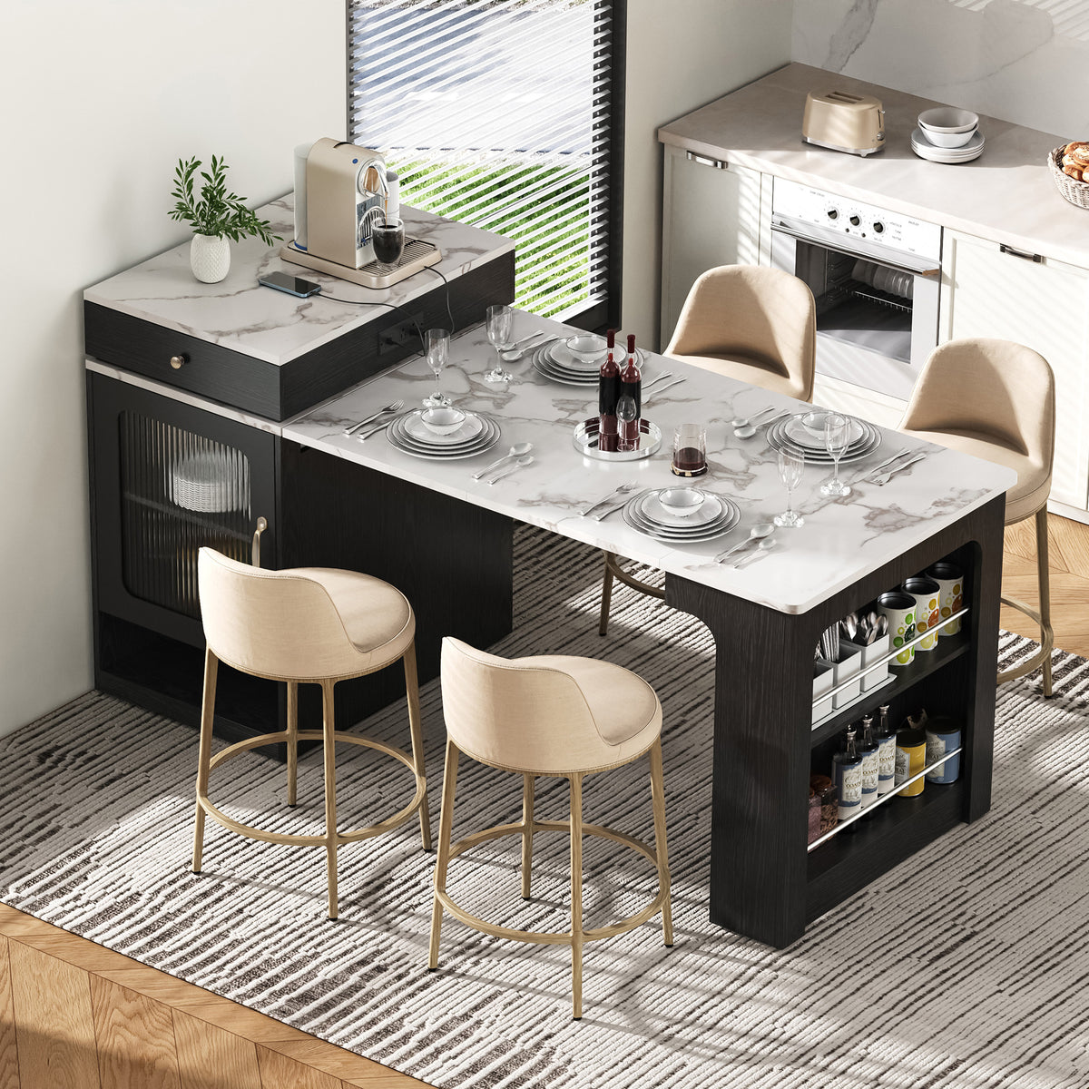 K&K 59.5' Kitchen Island with Extendable Dining Table, Kitchen Storage Table wit