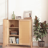 Mid-Century Modern Storage Cabinet with Woven Rattan Doors & Adjustable Shelves