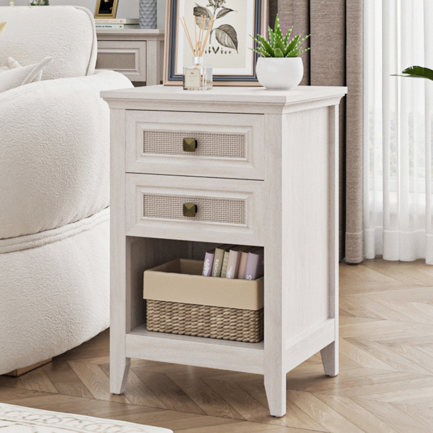 Farmhouse Boho Nightstand with Rattan Drawers, Grayish White