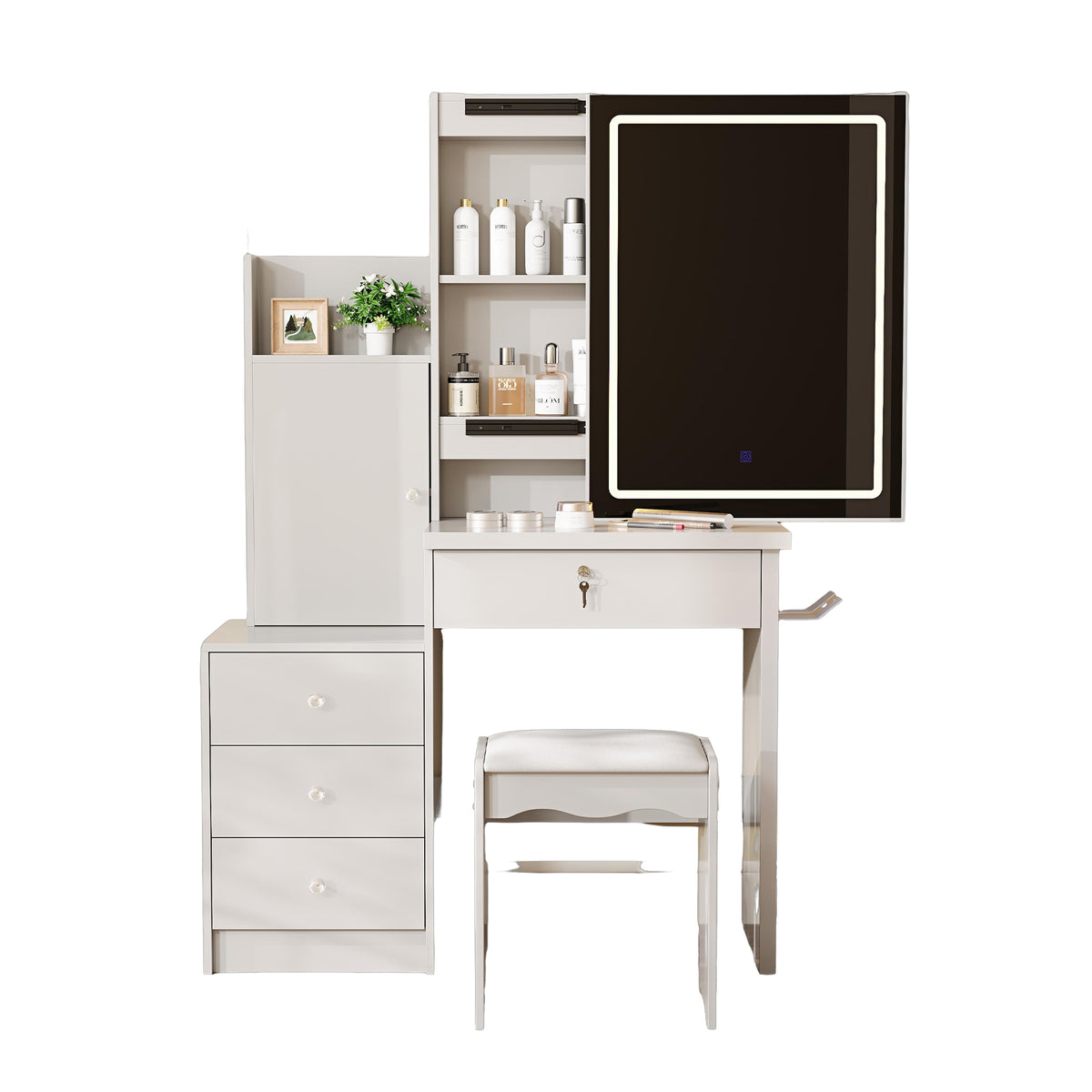 White Vanity Desk Set with Sliding Lighted Mirror, 4-Drawer Makeup Dressing Tabl