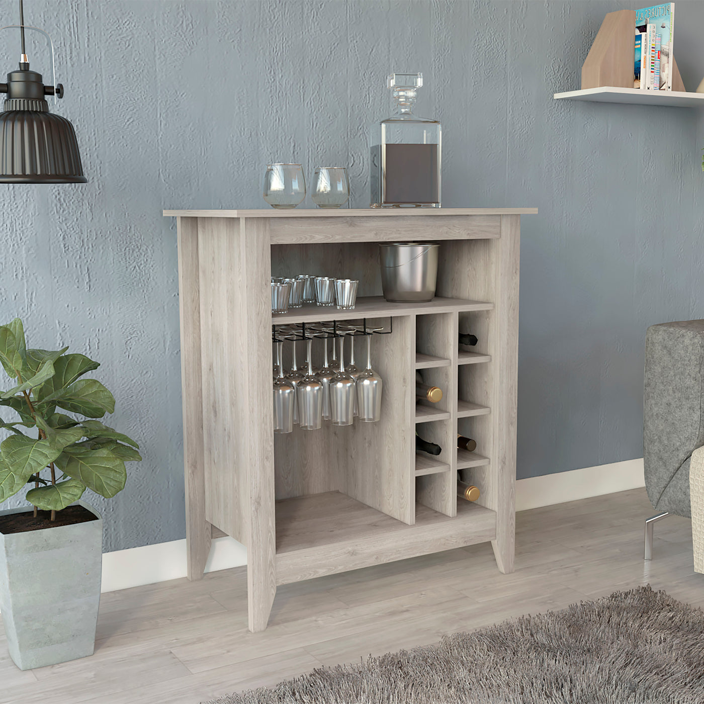 Light Gray Bar Cabinet with Wine Rack and Drawer