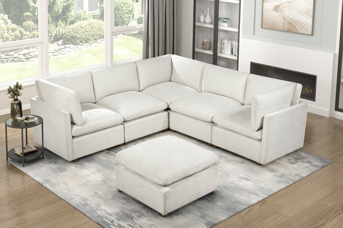Beige L-Shape Sectional Sofa with Ottoman and Solid Wood