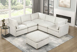 Beige L-Shape Sectional Sofa with Ottoman and Solid Wood