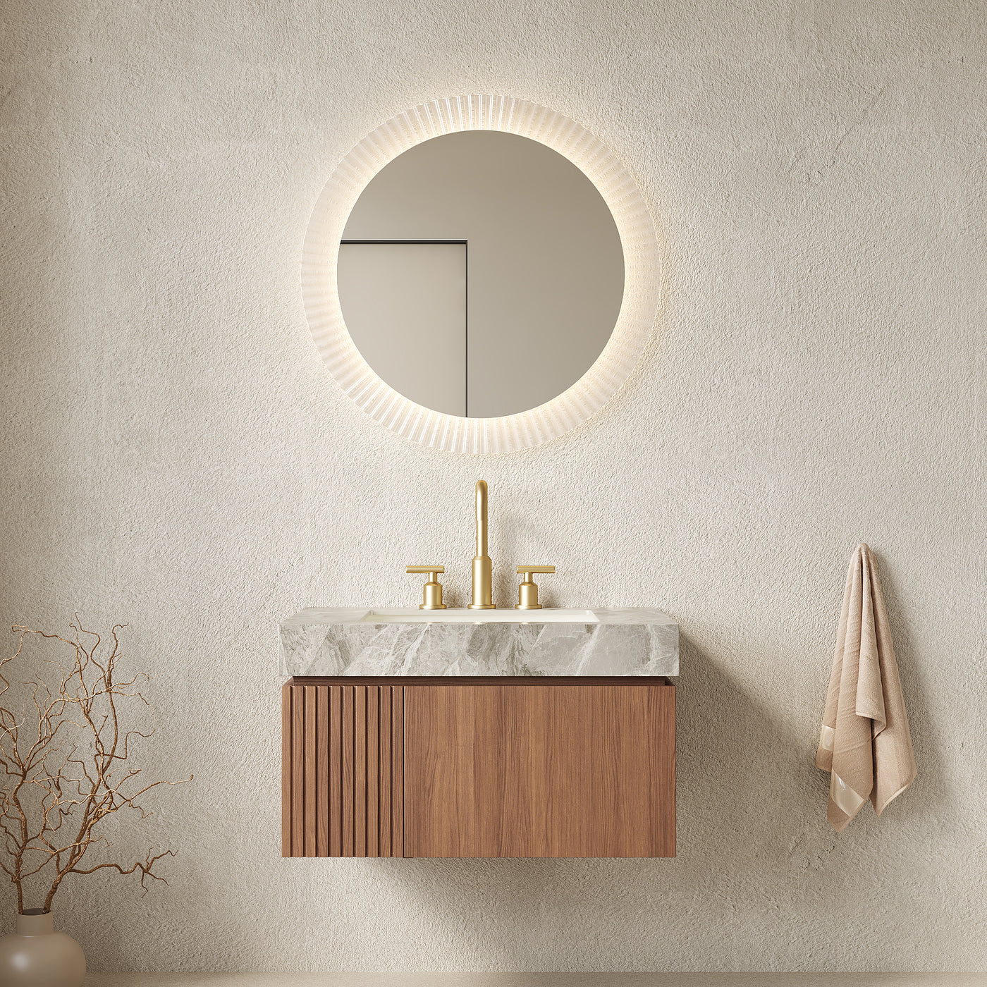 30' Floating Bathroom Vanity with Sintered Stone Top and Ceramic Basin, Brown Oak