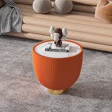 Round Sintered Stone Sofa End Table, Leather Edge, Metal Base, Living Room