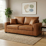 Light Brown Foil Fabric Two-Seater Sofa with Throw Pillows, Wood and Fabric Construction, 69-Inch Compact Design
