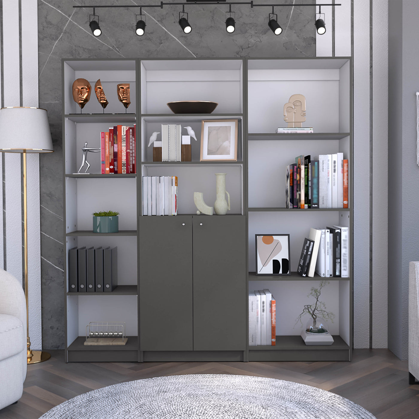 3 Piece Bookcase Set 67" Wide 12 Shelves 2-Door Cabinet Matt Gray White