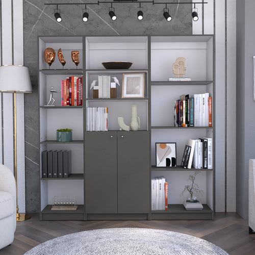 3 Piece Bookcase Set 67" Wide 12 Shelves 2-Door Cabinet Matt Gray White